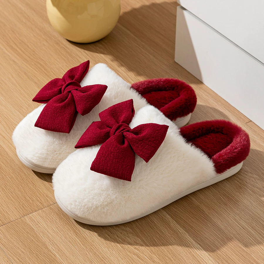 Cute Bow Winter Women Home Slippers Indoor Warm