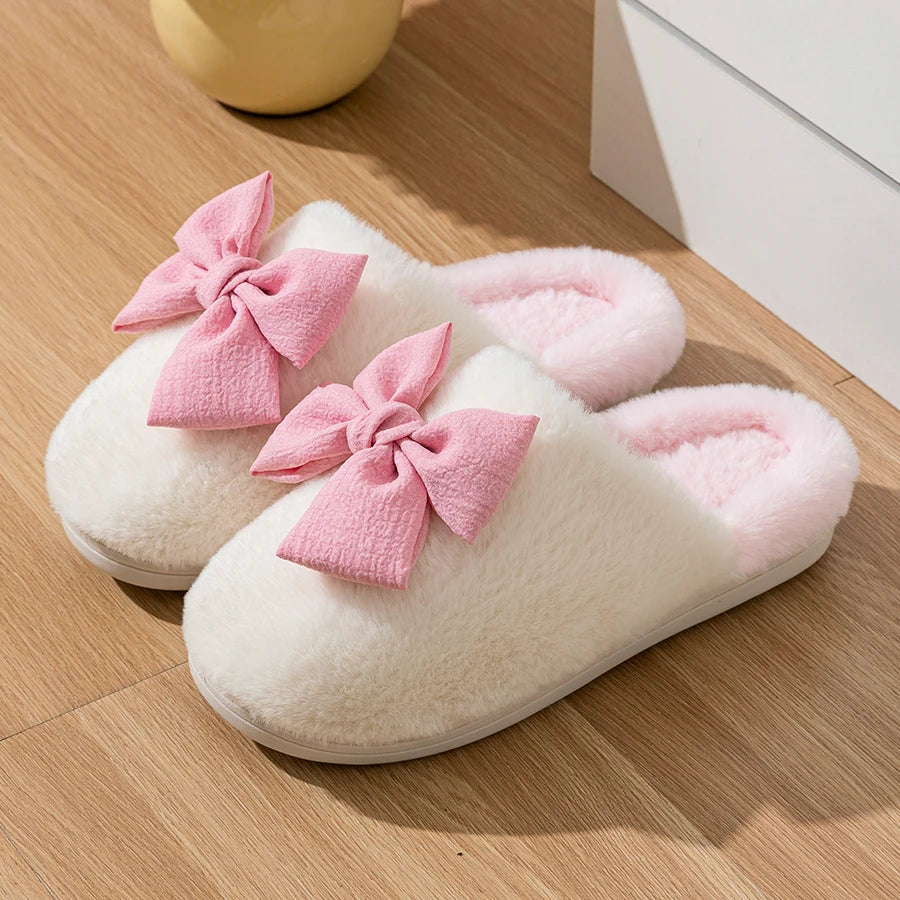 Cute Bow Winter Women Home Slippers Indoor Warm