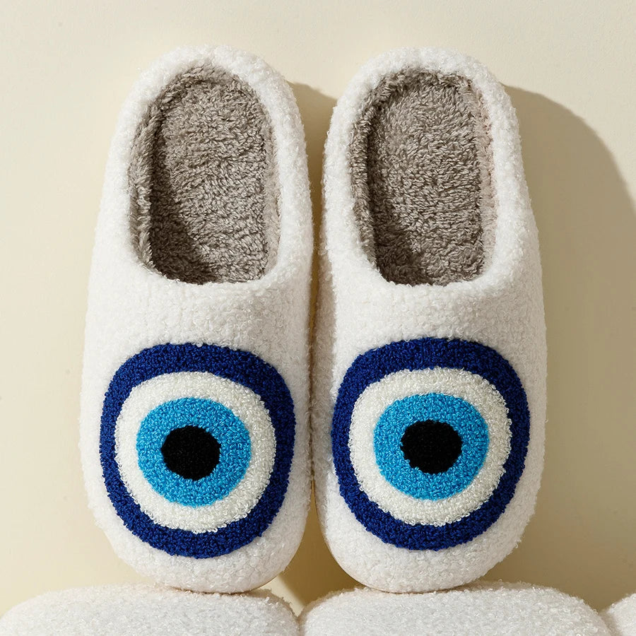 Fashion Embroidery Slippers Funny Big Eye Blue Cool Women Winter Indoor Bedroom