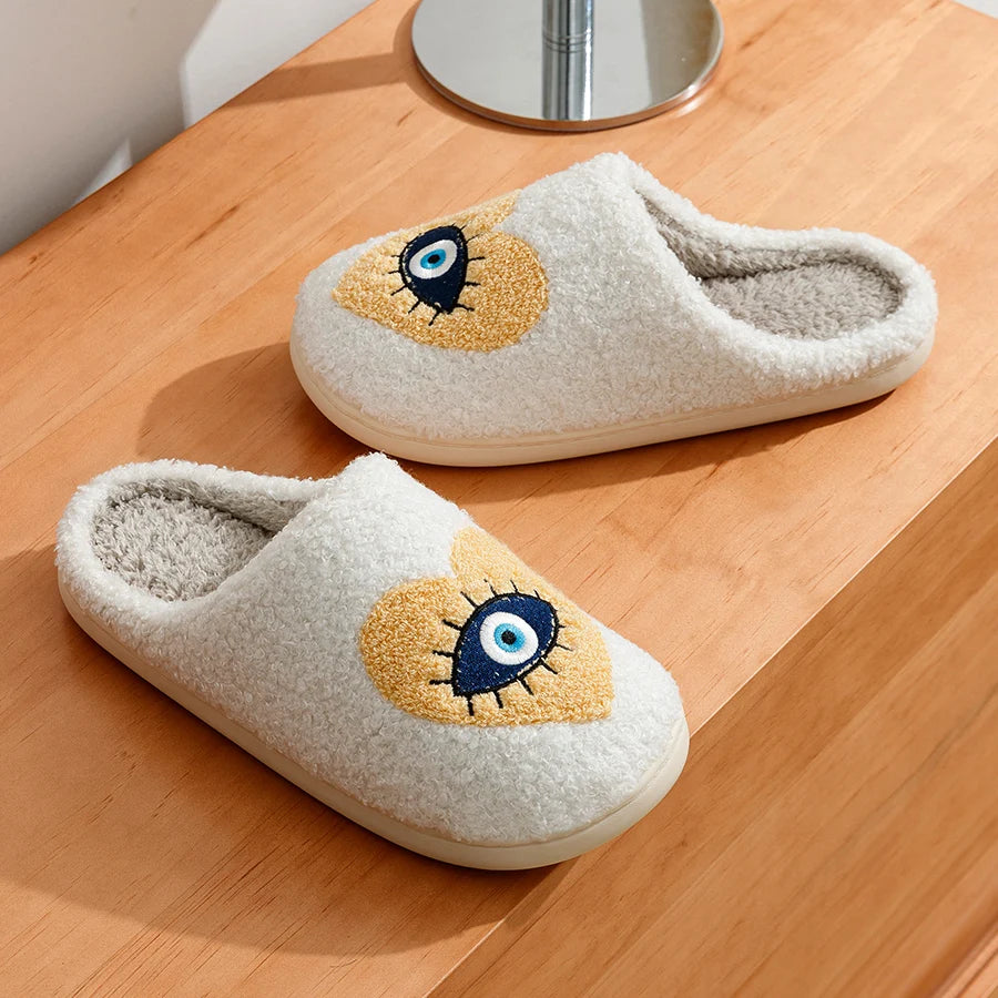 Houseshoes Women Slippers Winter Warm Soft Funny Evil Eye In Heart Fashion Non-slip Flat Cotton Indoor Shoes Leisure Girls