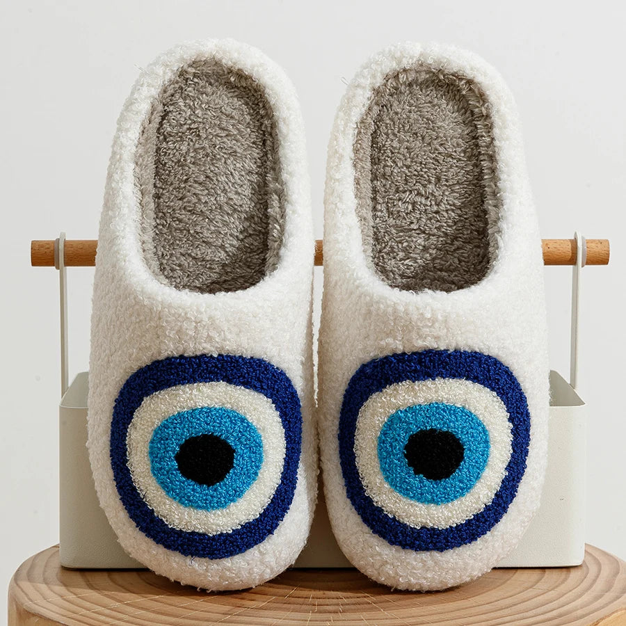 Fashion Embroidery Slippers Funny Big Eye Blue Cool Women Winter Indoor Bedroom