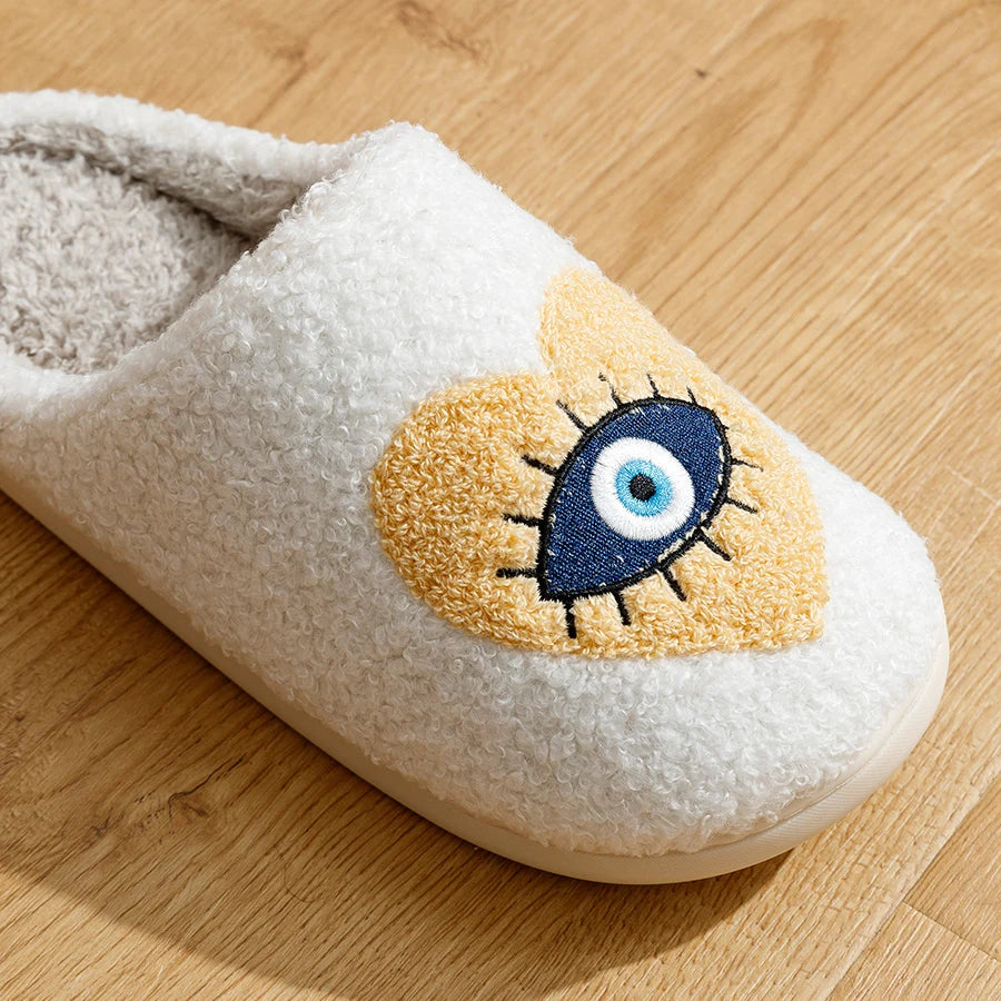 Houseshoes Women Slippers Winter Warm Soft Funny Evil Eye In Heart Fashion Non-slip Flat Cotton Indoor Shoes Leisure Girls