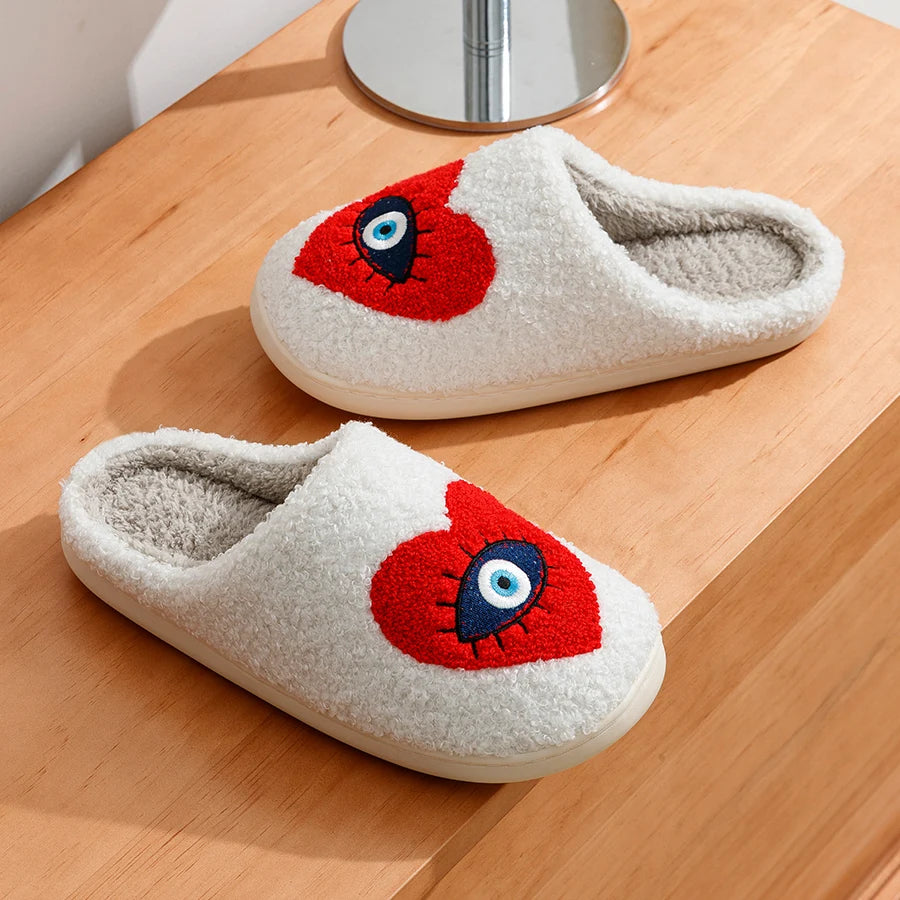 Houseshoes Women Slippers Winter Warm Soft Funny Evil Eye In Heart Fashion Non-slip Flat Cotton Indoor Shoes Leisure Girls