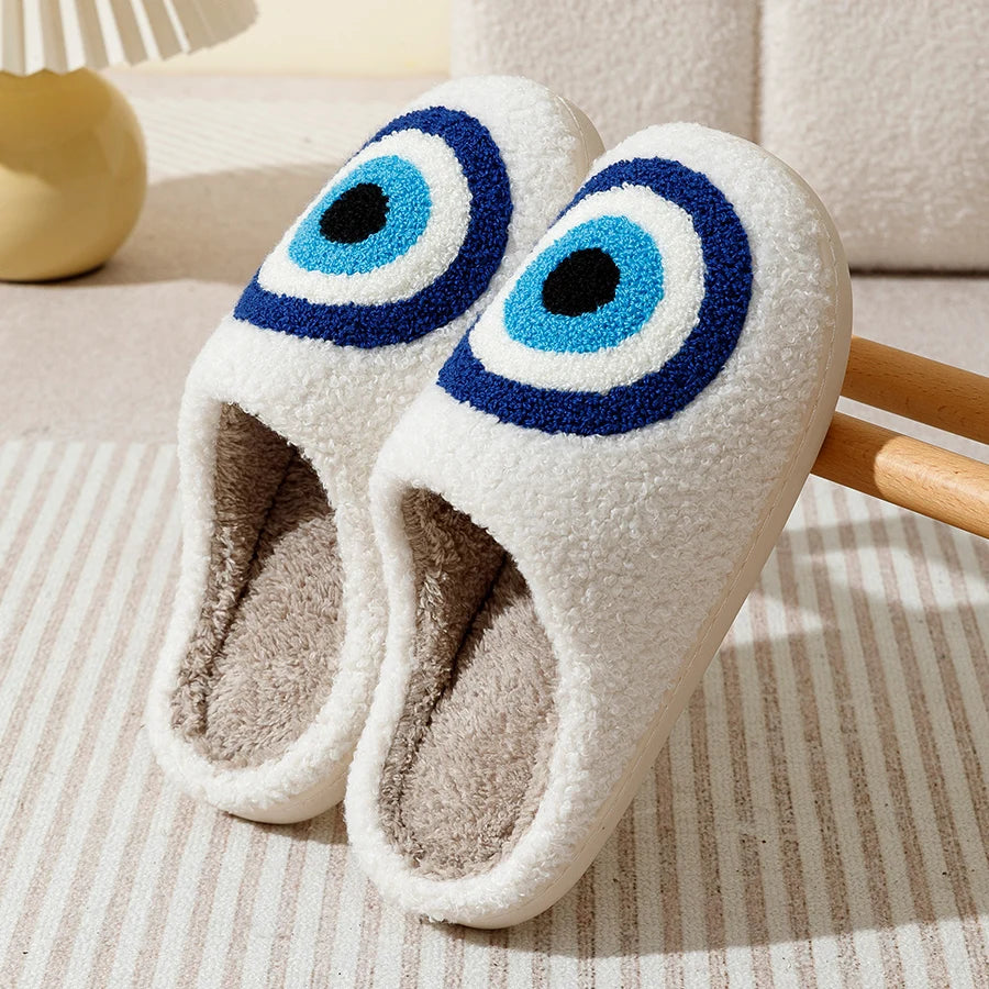 Fashion Embroidery Slippers Funny Big Eye Blue Cool Women Winter Indoor Bedroom