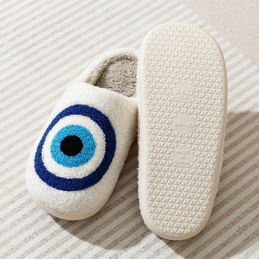 Fashion Embroidery Slippers Funny Big Eye Blue Cool Women Winter Indoor Bedroom