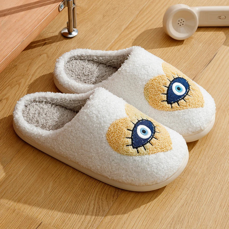 Houseshoes Women Slippers Winter Warm Soft Funny Evil Eye In Heart Fashion Non-slip Flat Cotton Indoor Shoes Leisure Girls