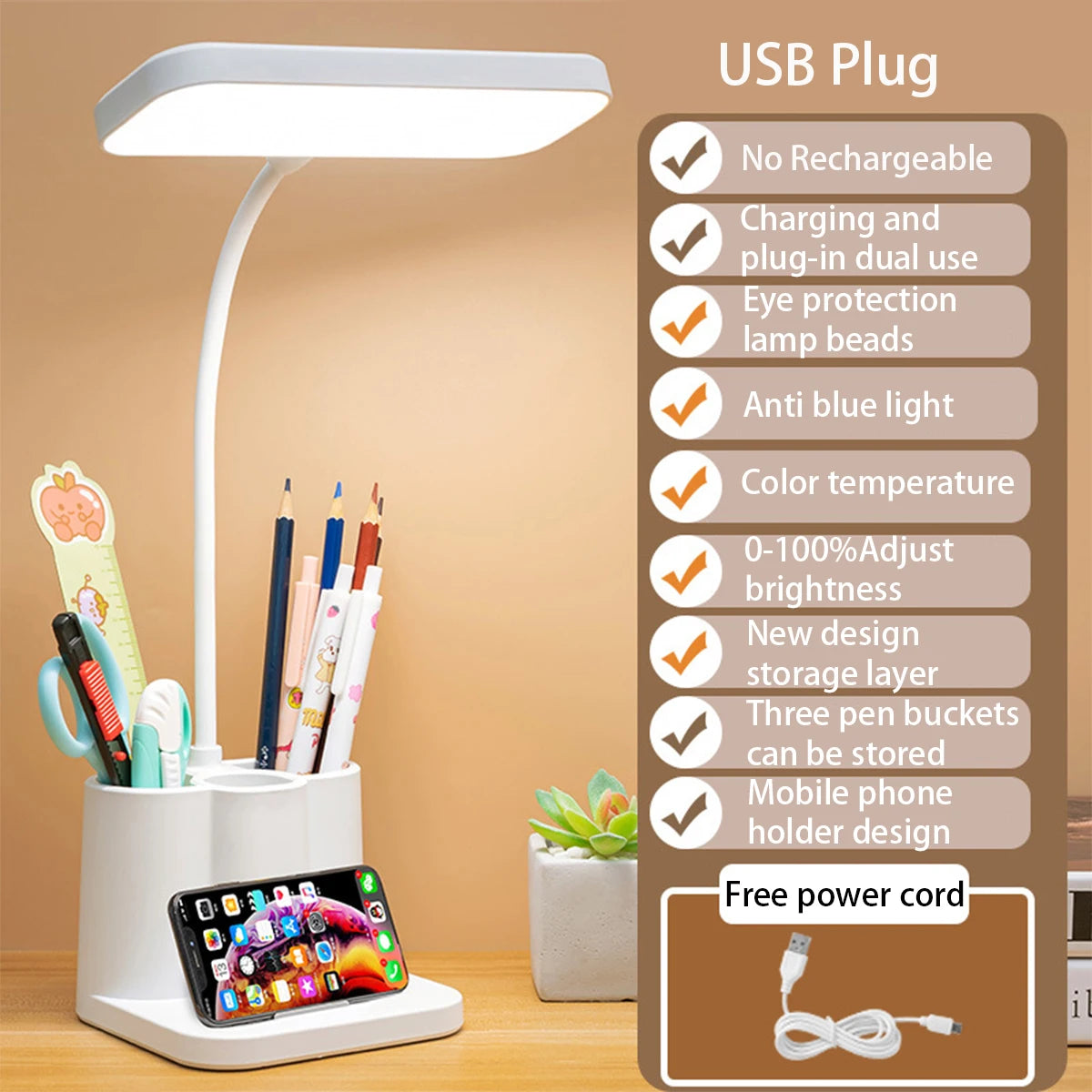 USB LED Table Lamp 3 Colors Eye Protection College Student Book Reading Lamp Night