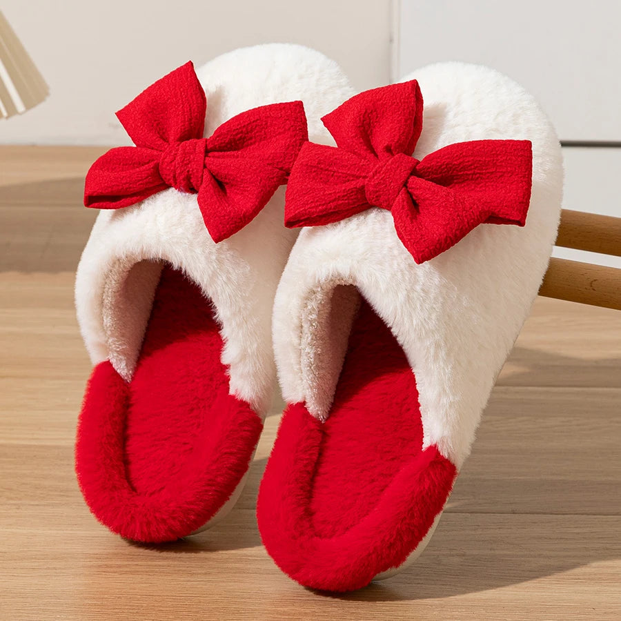 Cute Bow Winter Women Home Slippers Indoor Warm