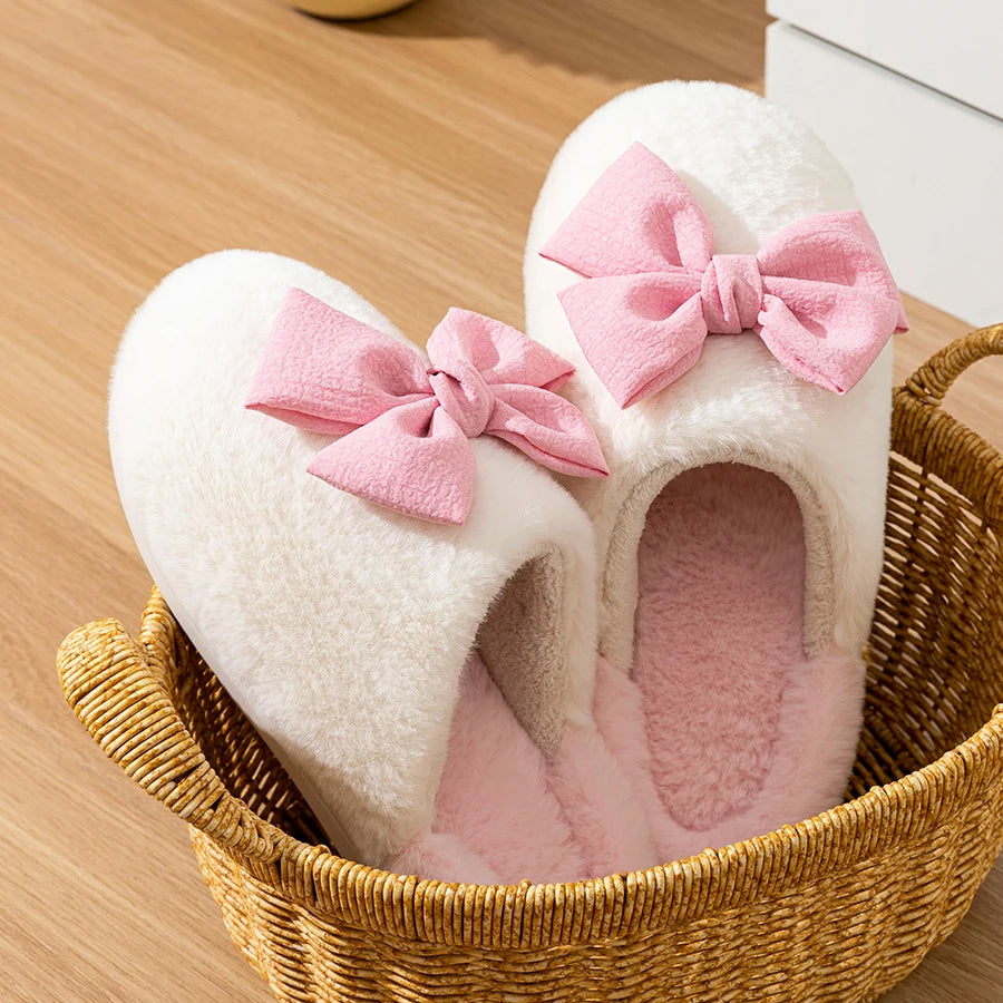 Cute Bow Winter Women Home Slippers Indoor Warm