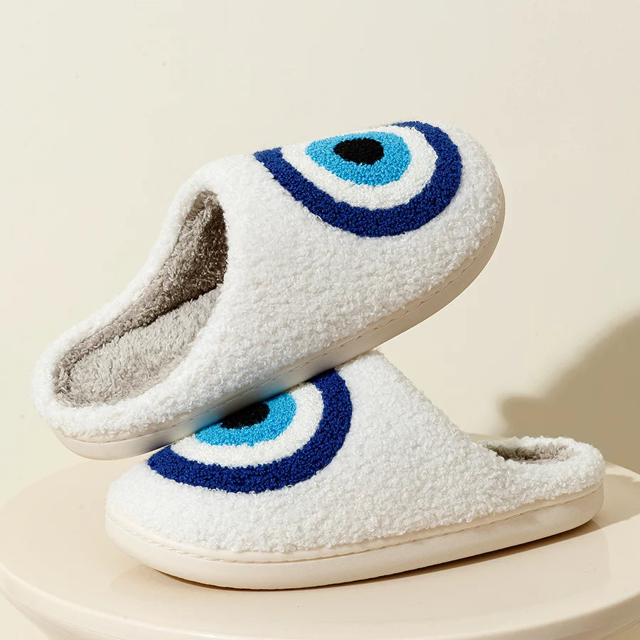 Fashion Embroidery Slippers Funny Big Eye Blue Cool Women Winter Indoor Bedroom